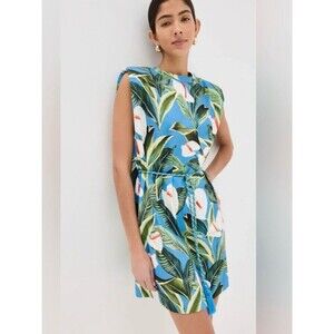 Farm Rio Blue Anthurium Garden Organic Cotton Mini T-Shirt Dress Medium